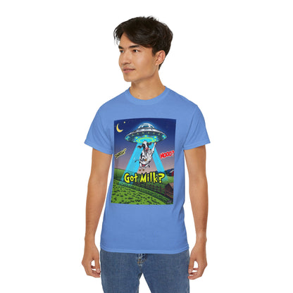 Got Milk? Funny Unisex Ultra Cotton Tee - Humorous Cow and UFO Design, graphic tee, t-shirts, tshirt, png, sublimation