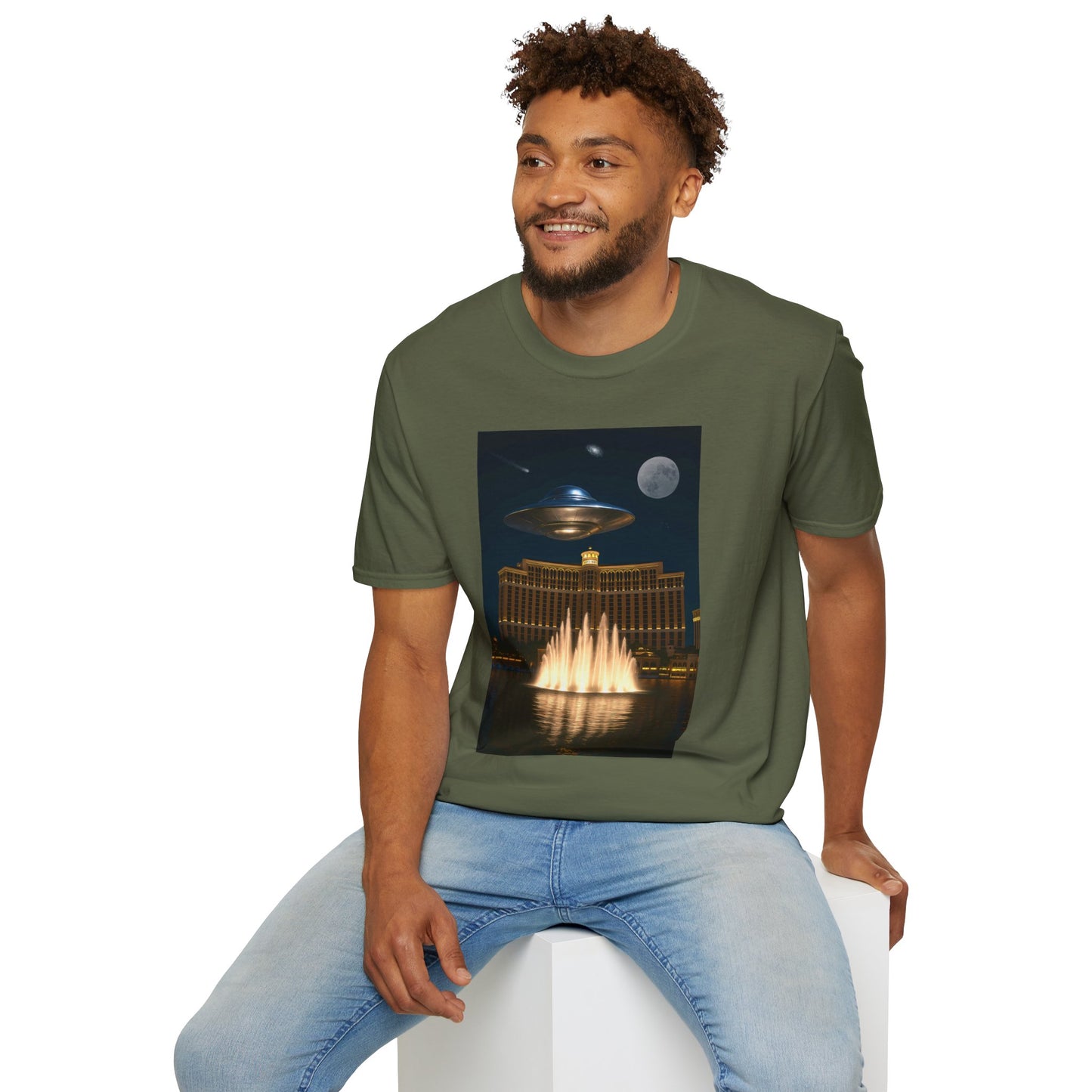 UFO over Las Vegas, Cosmic Vibes Unisex T-Shirt - UFO & Moon Design, Relaxed Fit Tee for Space Lovers, Gift for Sci-Fi Fans, Casual Wear, Everyday Essentials, t-shirt, tshirt, png