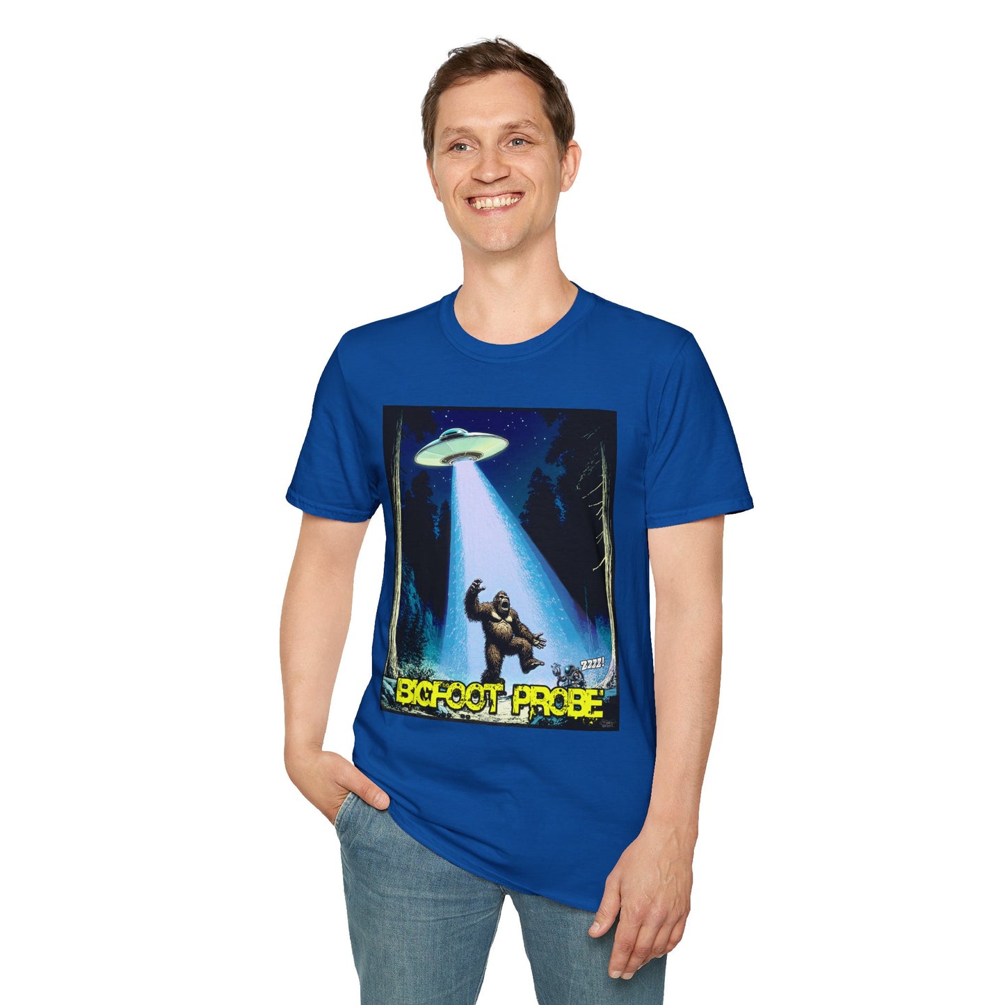 Bigfoot Probe Unisex Softstyle T-Shirt - Fun UFO Graphic Tee, Perfect Gift, Halloween, Nerd Culture, Outdoors, Alien, Graphic tees, t-shirts, Graphic design, t-shirts, tees