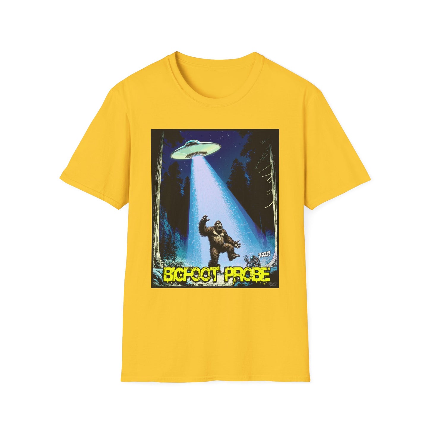 Bigfoot Probe Unisex Softstyle T-Shirt - Fun UFO Graphic Tee, Perfect Gift, Halloween, Nerd Culture, Outdoors, Alien, Graphic tees, t-shirts, Graphic design, t-shirts, tees