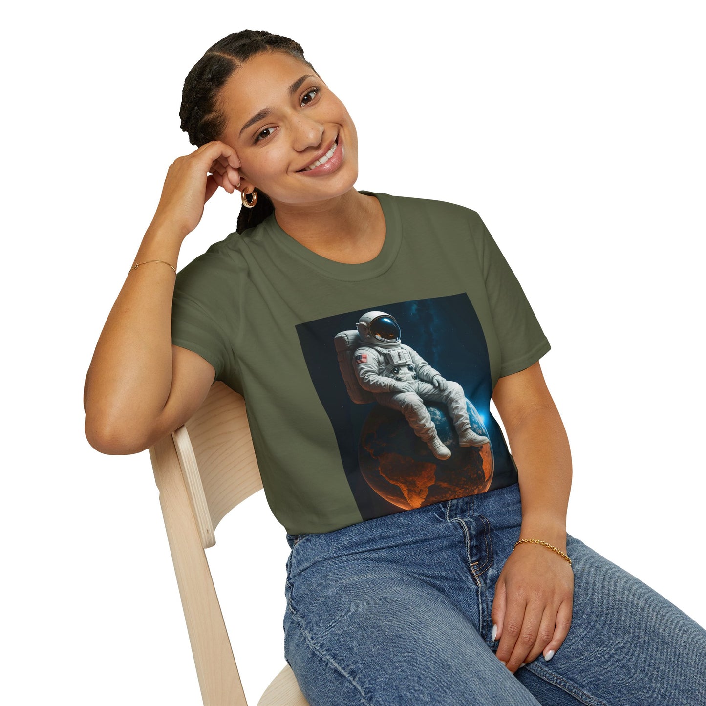 Sitting on an Earth, Cosmic Astronaut T-Shirt, Unisex Graphic Tee, Space Lover Gift, Casual Wear, Astronomy Fan Shirt, Graphic Tee, t-shirt, tshirt, png