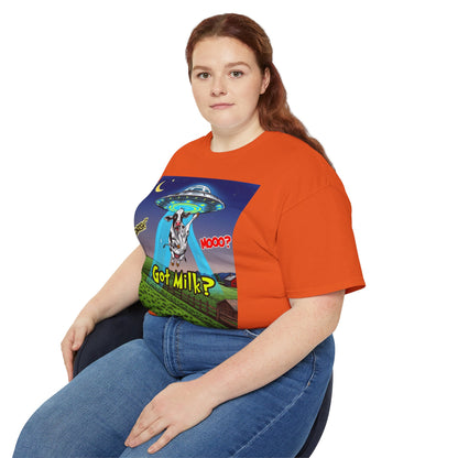 Got Milk? Funny Unisex Ultra Cotton Tee - Humorous Cow and UFO Design, graphic tee, t-shirts, tshirt, png, sublimation