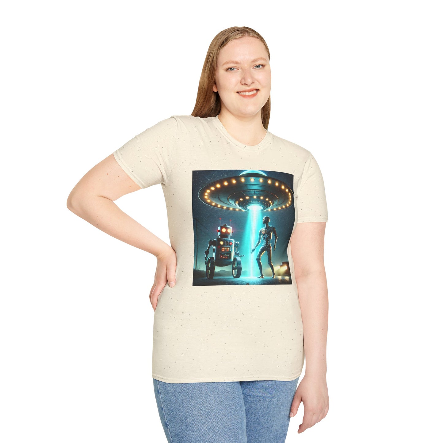 Alien Encounter Unisex Softstyle T-Shirt | Sci-Fi Fan Gift, Superhero Tee, UFO Shirt, Casual Wear, Unique Graphic T-Shirt