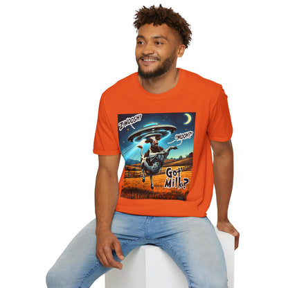 Funny Alien Cow T-Shirt - Got Milk? Unisex Soft style graphic Tee, UFO, galaxies, space, Blackhole, graphic design, png, sublimation