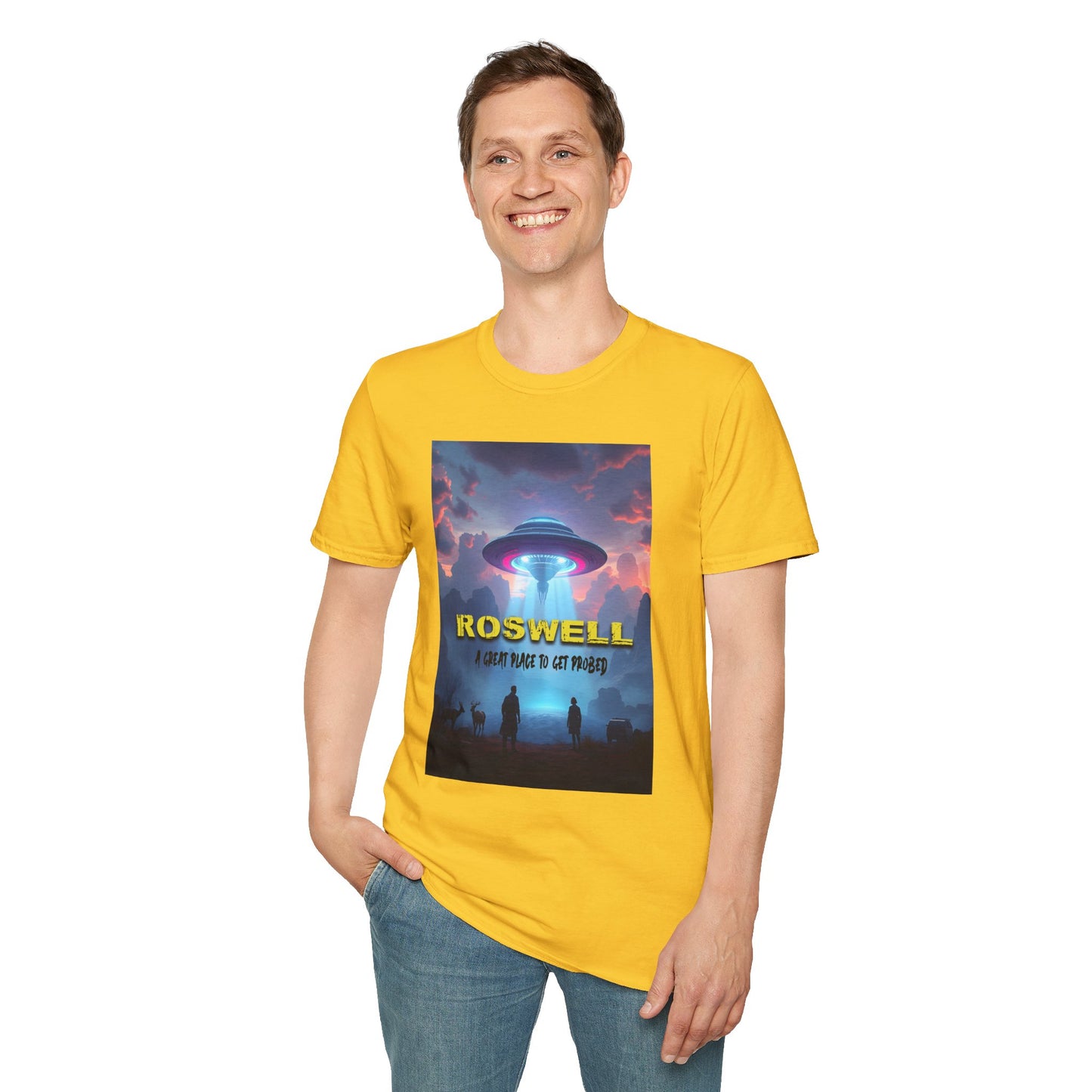 Roswell Probed Retro T-Shirt - Alien UFO Lover Gift, Sci-Fi Apparel, Extraterrestrial Tee, Unisex Softstyle Clothing, graphic design, png