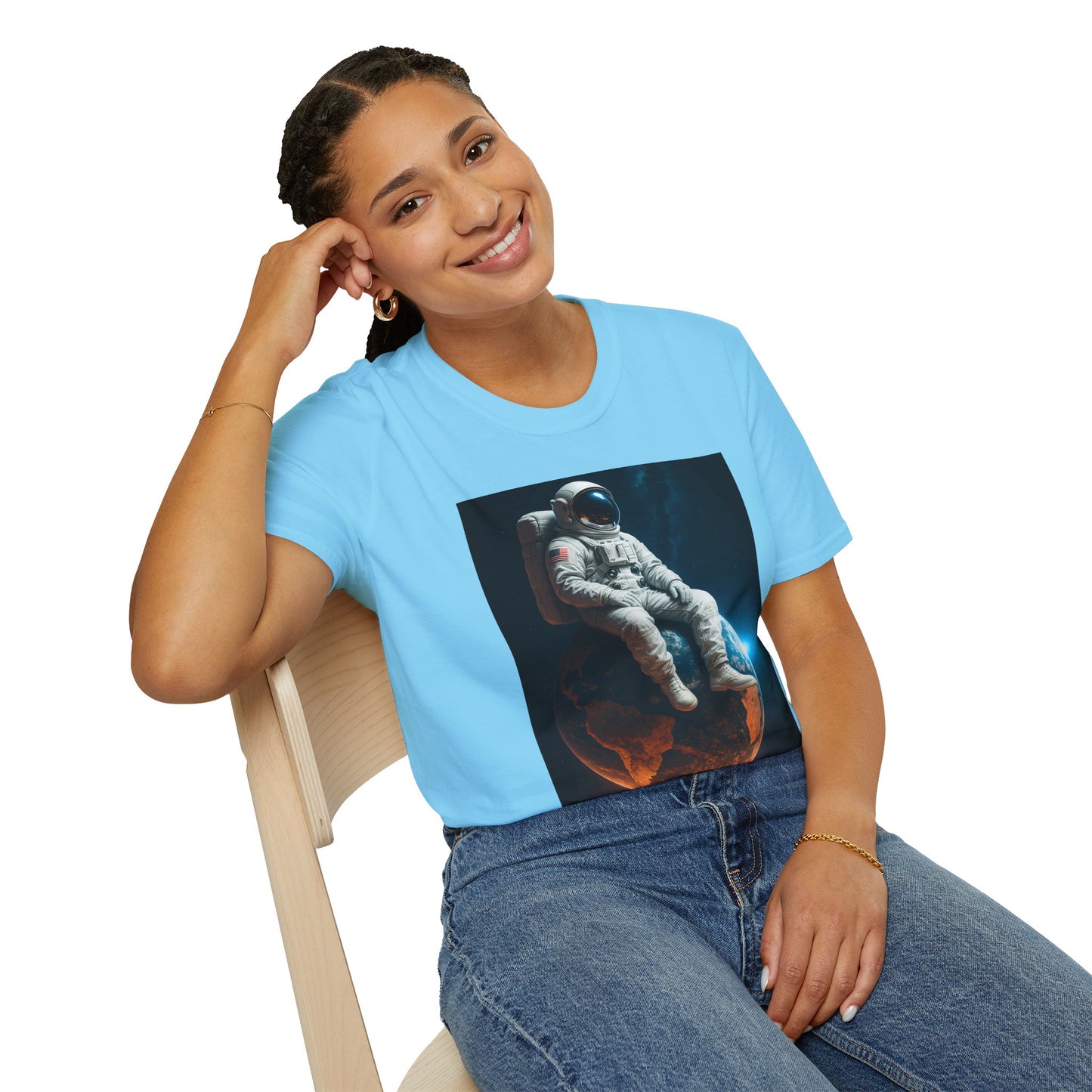 Sitting on an Earth, Cosmic Astronaut T-Shirt, Unisex Graphic Tee, Space Lover Gift, Casual Wear, Astronomy Fan Shirt, Graphic Tee, t-shirt, tshirt, png