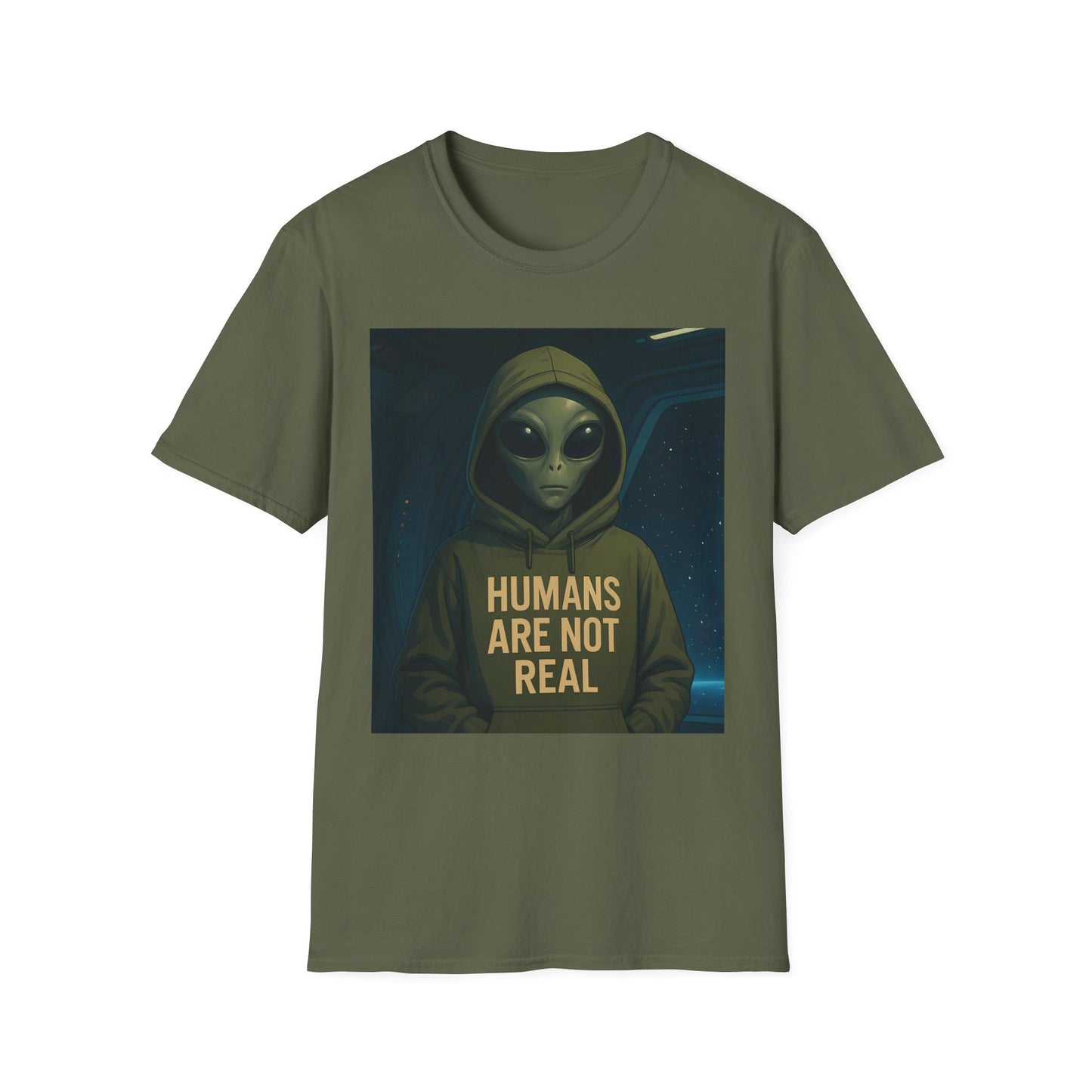 Humans Are Not Real, Alien Humor Unisex T-Shirt, Funny Graphic Tee, Space Lover Gift, Casual Wear, Gift for Nerds, Quirky Statement Shirt