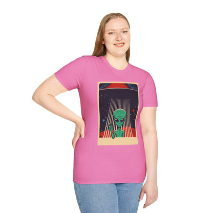Cosmic Alien Peace Unisex Softstyle T-Shirt, Vintage UFO Tee, Space Lover Gift, Sci-Fi Fan Shirt, Trendy Graphic Tee, GraphicTees, t-shirts