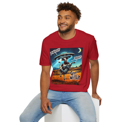 Funny Alien Cow T-Shirt - Got Milk? Unisex Soft style graphic Tee, UFO, galaxies, space, Blackhole, graphic design, png, sublimation