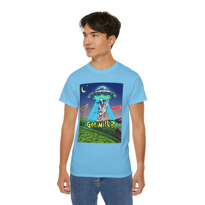 Got Milk? Funny Unisex Ultra Cotton Tee - Humorous Cow and UFO Design, graphic tee, t-shirts, tshirt, png, sublimation