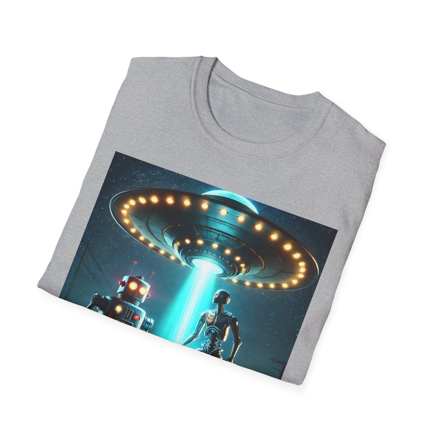 Alien Encounter Unisex Softstyle T-Shirt | Sci-Fi Fan Gift, Superhero Tee, UFO Shirt, Casual Wear, Unique Graphic T-Shirt