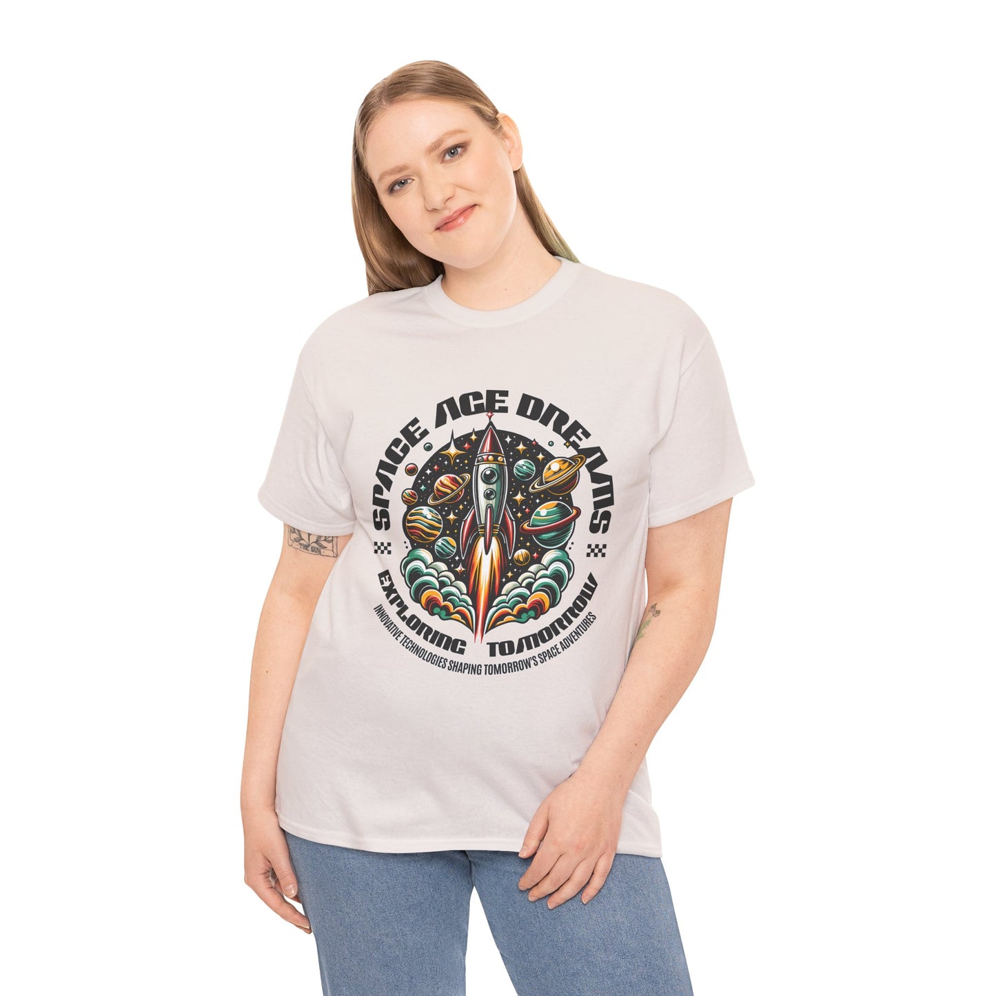 Space Age Dreams, Unisex Heavy Cotton Tee - Retro Rocket Design for Space Lovers, graphic design, png