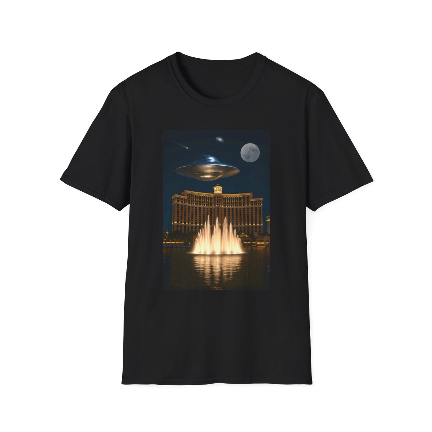 UFO over Las Vegas, Cosmic Vibes Unisex T-Shirt - UFO & Moon Design, Relaxed Fit Tee for Space Lovers, Gift for Sci-Fi Fans, Casual Wear, Everyday Essentials, t-shirt, tshirt, png