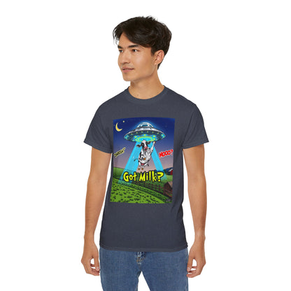 Got Milk? Funny Unisex Ultra Cotton Tee - Humorous Cow and UFO Design, graphic tee, t-shirts, tshirt, png, sublimation