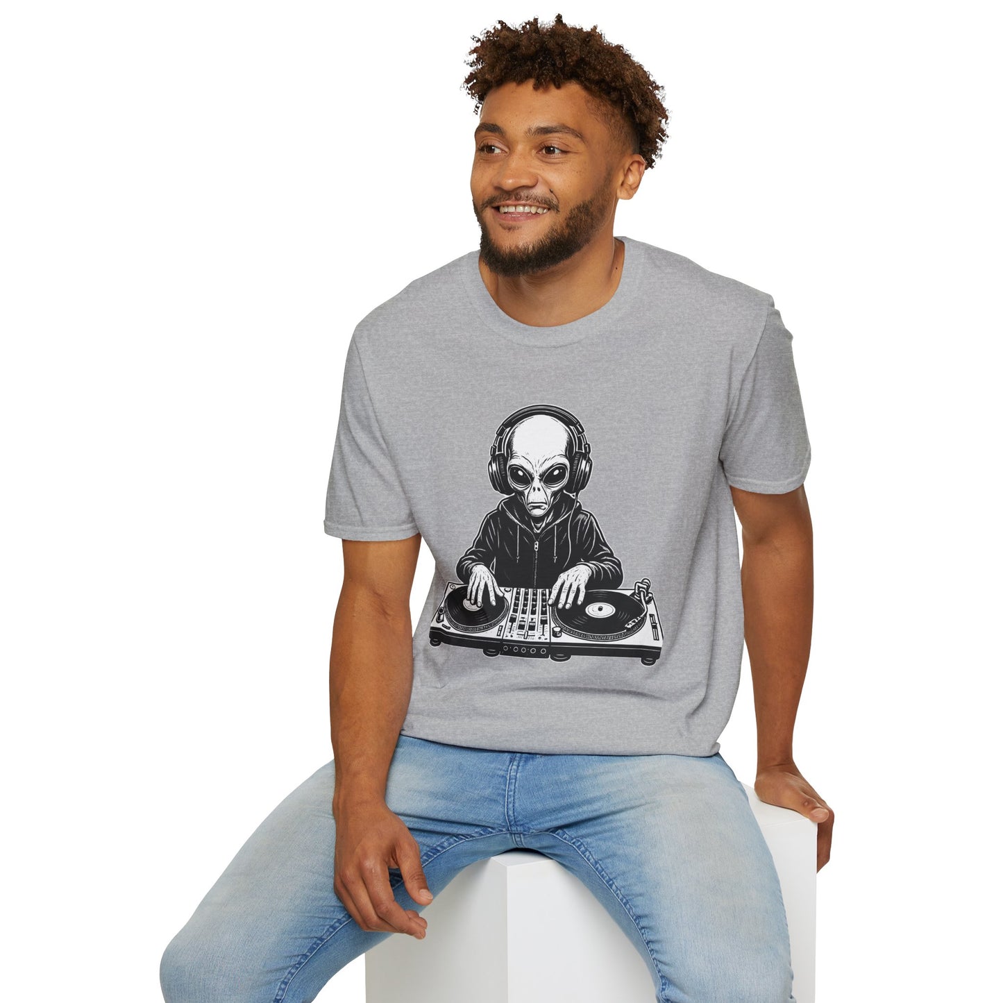 DJ Alien Graphic T-Shirt | Unisex Softstyle Tee for Music Lovers, Gifts for DJs, Cool Casual Wear, Festival Apparel, Unique Alien Design