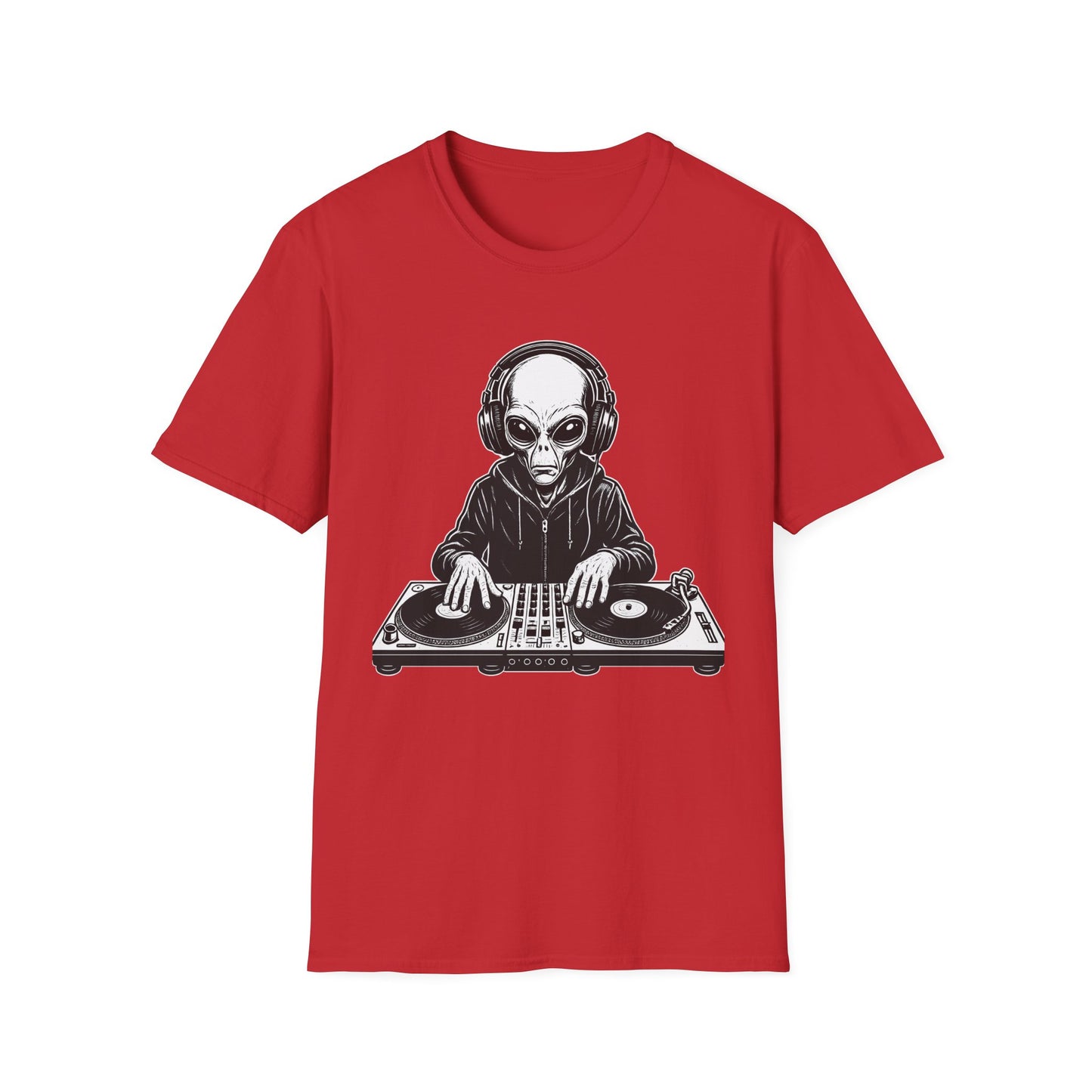 DJ Alien Graphic T-Shirt | Unisex Softstyle Tee for Music Lovers, Gifts for DJs, Cool Casual Wear, Festival Apparel, Unique Alien Design