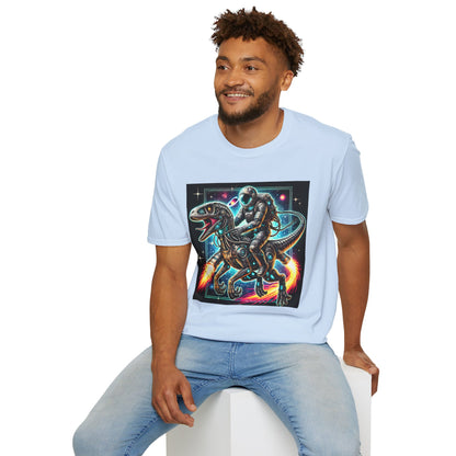 Cosmic Dinosaur Rider Softstyle T-Shirt | Fun Graphic Tee, Unique Gift, Space Lover Shirt, Sci-Fi Enthusiast Apparel