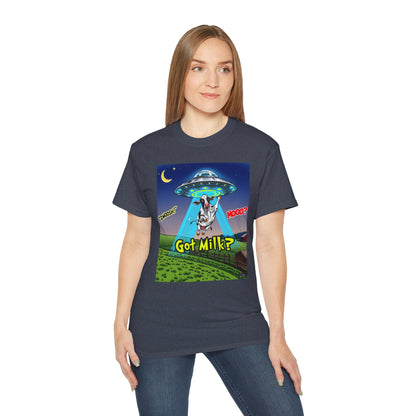 Got Milk? Funny Unisex Ultra Cotton Tee - Humorous Cow and UFO Design, graphic tee, t-shirts, tshirt, png, sublimation