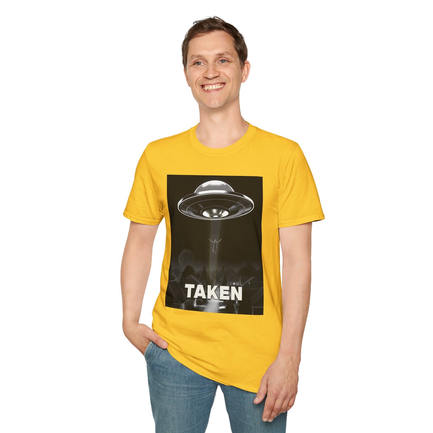 Taken 3, Alien Theme Unisex Softstyle T-Shirt, Fun Graphic Tee for UFO Lovers, Great for Casual Wear, Gifts for Sci-Fi Fans, Cool Shirt