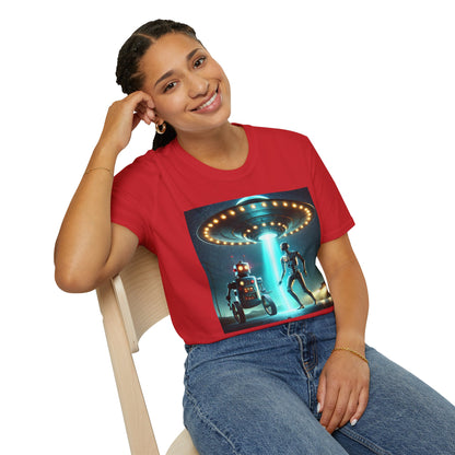 Alien Encounter Unisex Softstyle T-Shirt | Sci-Fi Fan Gift, Superhero Tee, UFO Shirt, Casual Wear, Unique Graphic T-Shirt