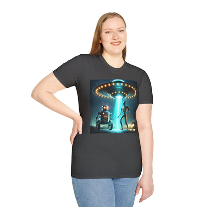 Alien Encounter Unisex Softstyle T-Shirt | Sci-Fi Fan Gift, Superhero Tee, UFO Shirt, Casual Wear, Unique Graphic T-Shirt