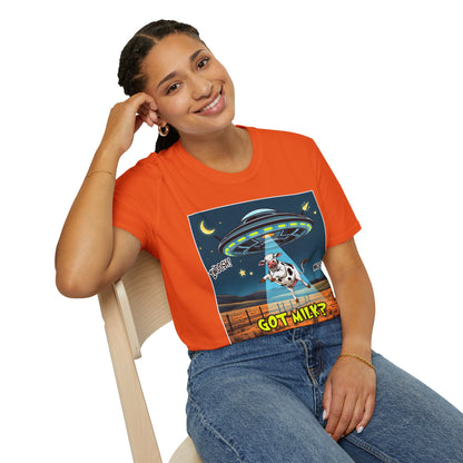 Got Milk? Cow UFO Unisex Softstyle T-Shirt – Fun Graphic Tee for Dairy Lovers, graphic tees, t-shirt, tshirt, graphic design, png