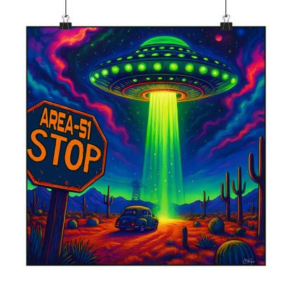 Area-51 Neon Alien Abduction Satin Poster — Lustrous 300gsm UFO Art Print