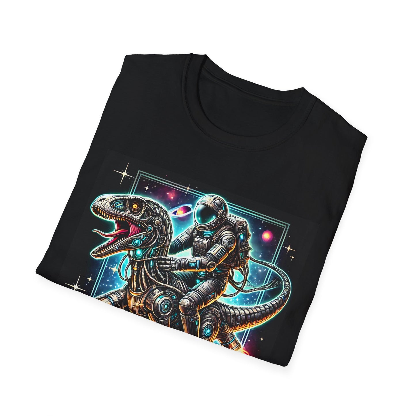 Cosmic Dinosaur Rider Softstyle T-Shirt | Fun Graphic Tee, Unique Gift, Space Lover Shirt, Sci-Fi Enthusiast Apparel