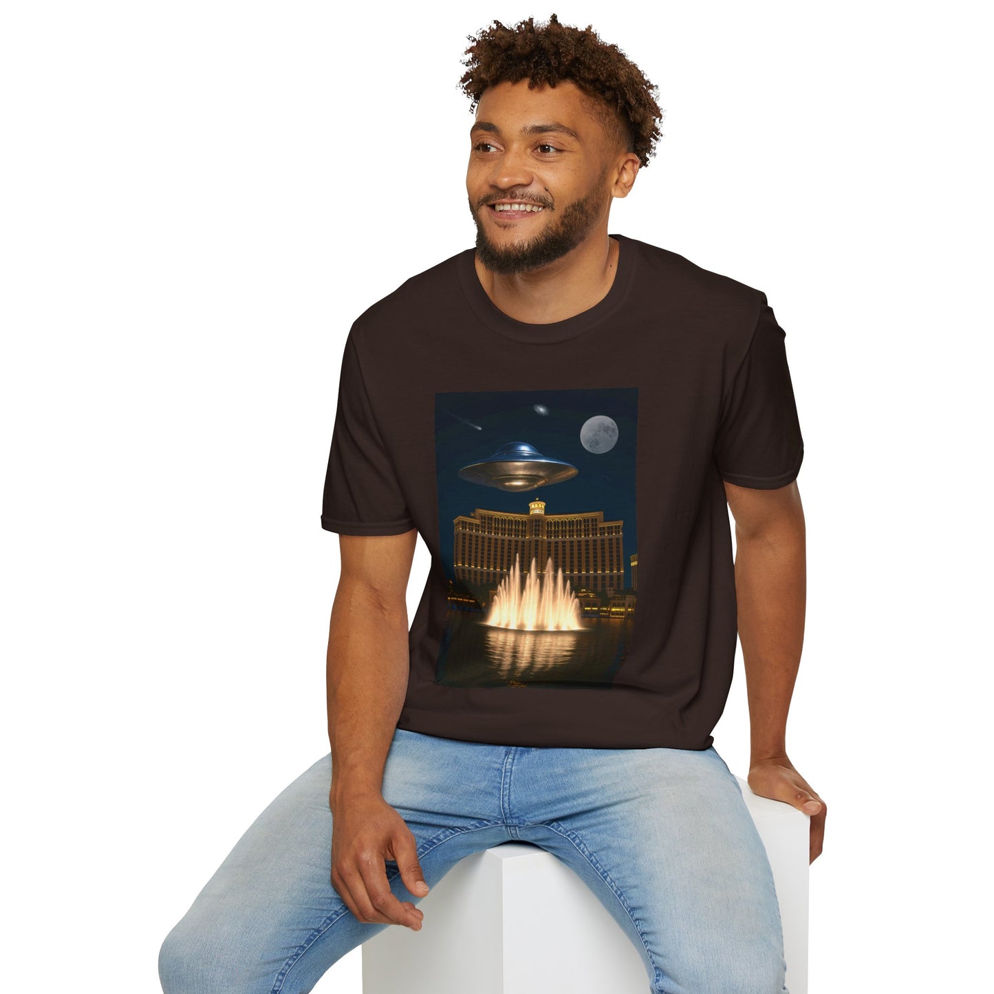UFO over Las Vegas, Cosmic Vibes Unisex T-Shirt - UFO & Moon Design, Relaxed Fit Tee for Space Lovers, Gift for Sci-Fi Fans, Casual Wear, Everyday Essentials, t-shirt, tshirt, png