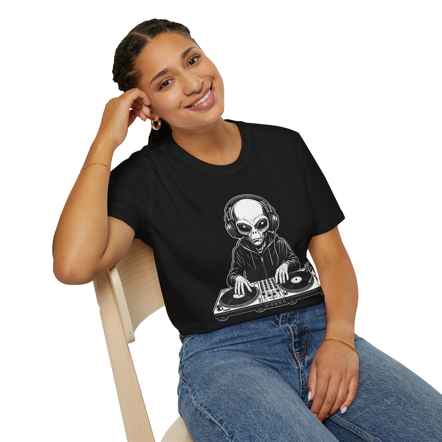 DJ Alien Graphic T-Shirt | Unisex Softstyle Tee for Music Lovers, Gifts for DJs, Cool Casual Wear, Festival Apparel, Unique Alien Design