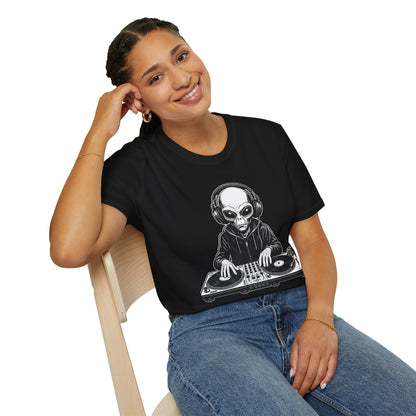 DJ Alien Graphic T-Shirt | Unisex Softstyle Tee for Music Lovers, Gifts for DJs, Cool Casual Wear, Festival Apparel, Unique Alien Design