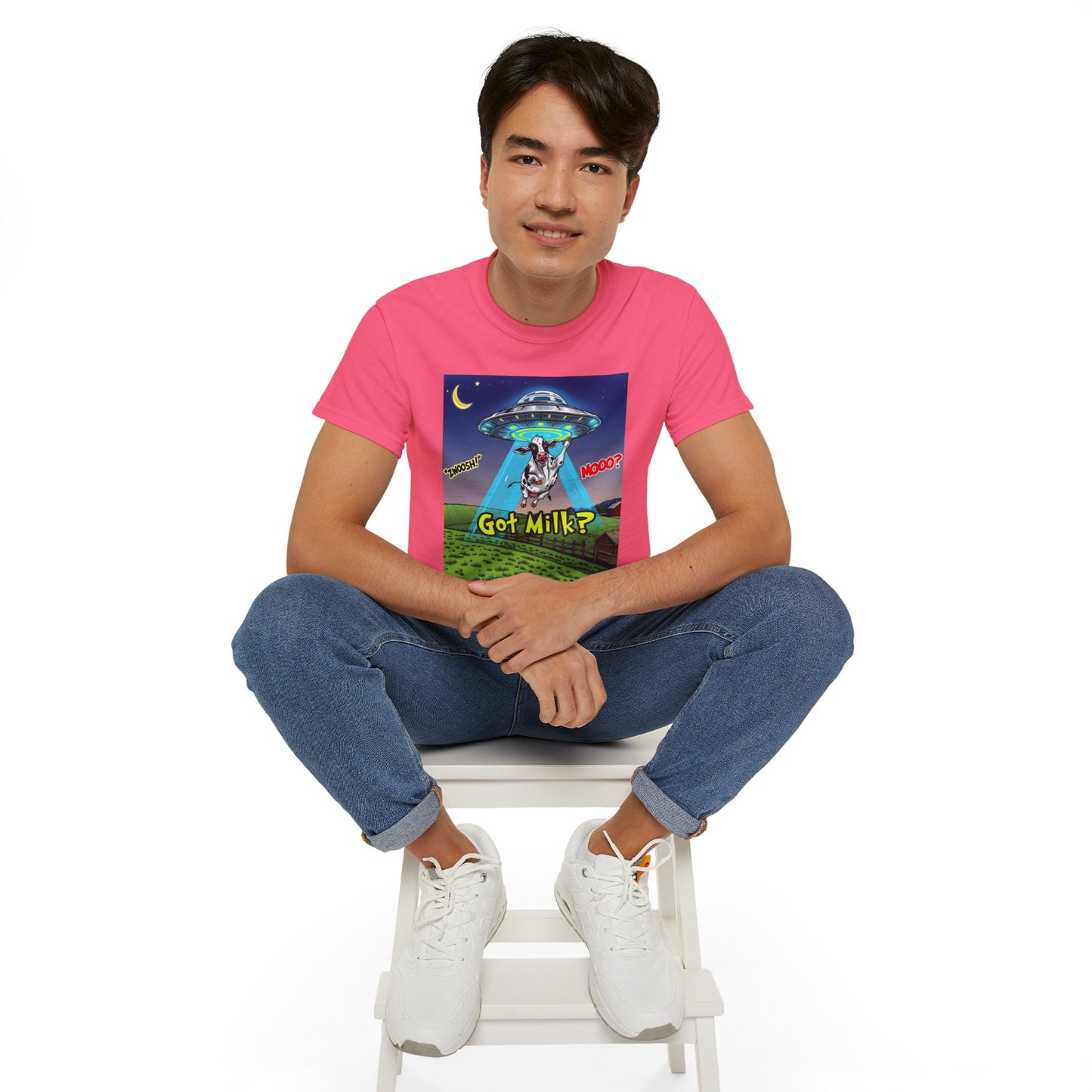 Got Milk? Funny Unisex Ultra Cotton Tee - Humorous Cow and UFO Design, graphic tee, t-shirts, tshirt, png, sublimation