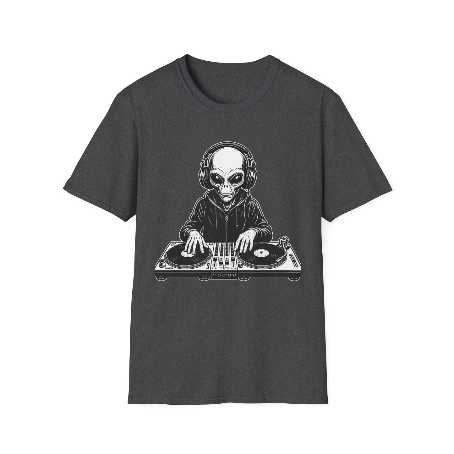 DJ Alien Graphic T-Shirt | Unisex Softstyle Tee for Music Lovers, Gifts for DJs, Cool Casual Wear, Festival Apparel, Unique Alien Design