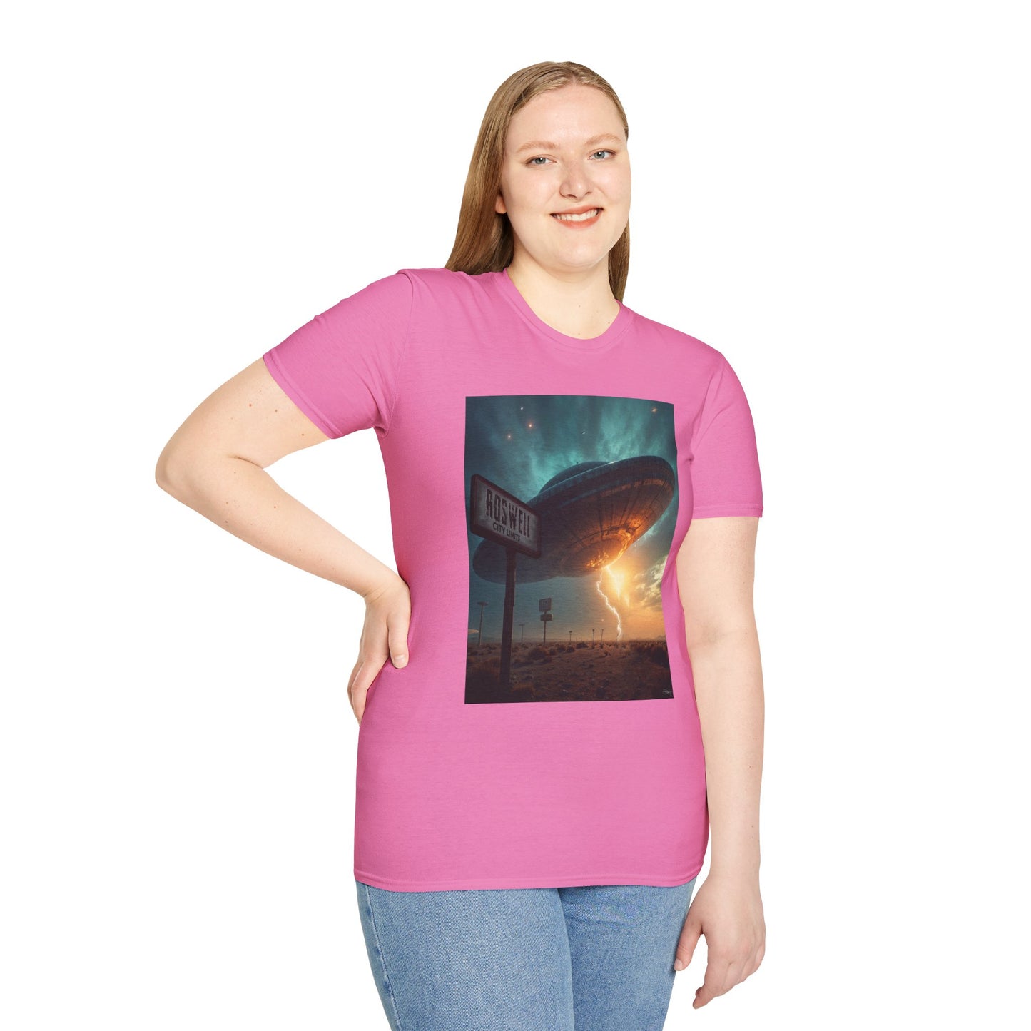 Roswell City Limits, Alien Sunset Softstyle T-Shirt | Unisex Graphic Tee, UFO Theme Shirt, Casual, Gift for Sci-Fi Lovers, Summer Fashion