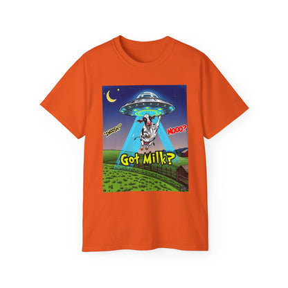 Got Milk? Funny Unisex Ultra Cotton Tee - Humorous Cow and UFO Design, graphic tee, t-shirts, tshirt, png, sublimation