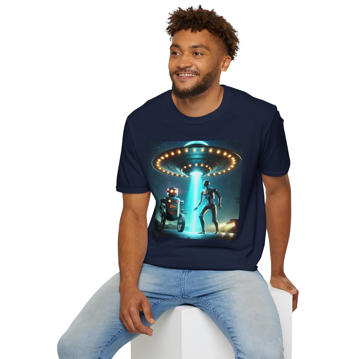 Alien Encounter Unisex Softstyle T-Shirt | Sci-Fi Fan Gift, Superhero Tee, UFO Shirt, Casual Wear, Unique Graphic T-Shirt