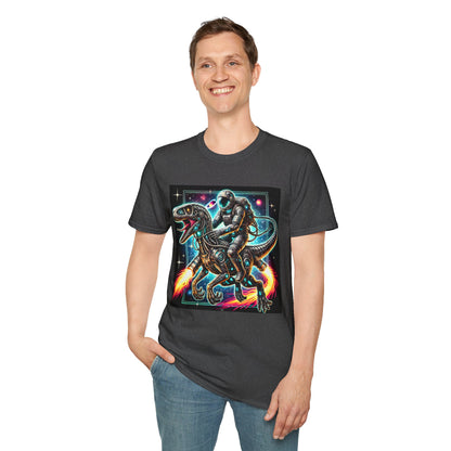 Cosmic Dinosaur Rider Softstyle T-Shirt | Fun Graphic Tee, Unique Gift, Space Lover Shirt, Sci-Fi Enthusiast Apparel