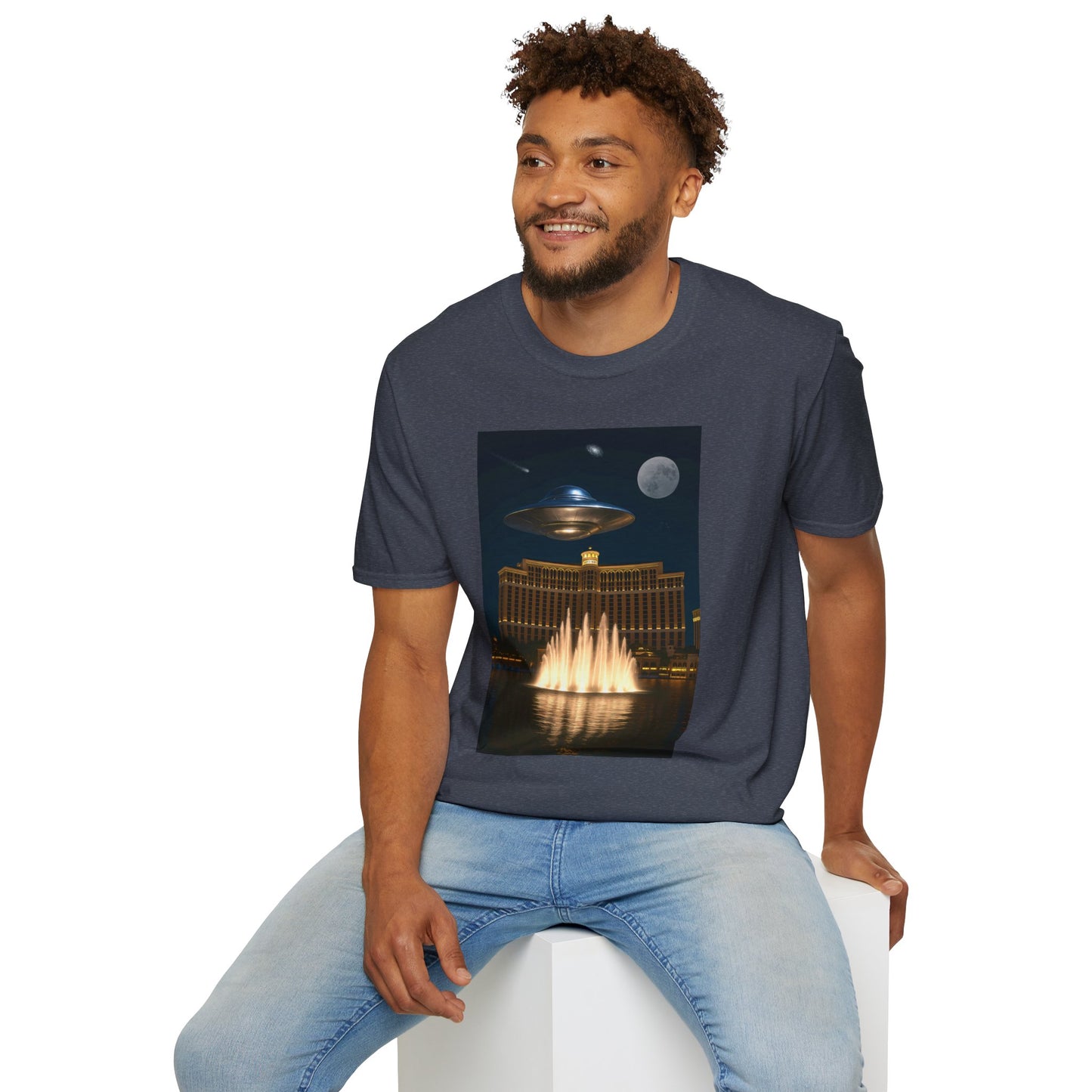 UFO over Las Vegas, Cosmic Vibes Unisex T-Shirt - UFO & Moon Design, Relaxed Fit Tee for Space Lovers, Gift for Sci-Fi Fans, Casual Wear, Everyday Essentials, t-shirt, tshirt, png