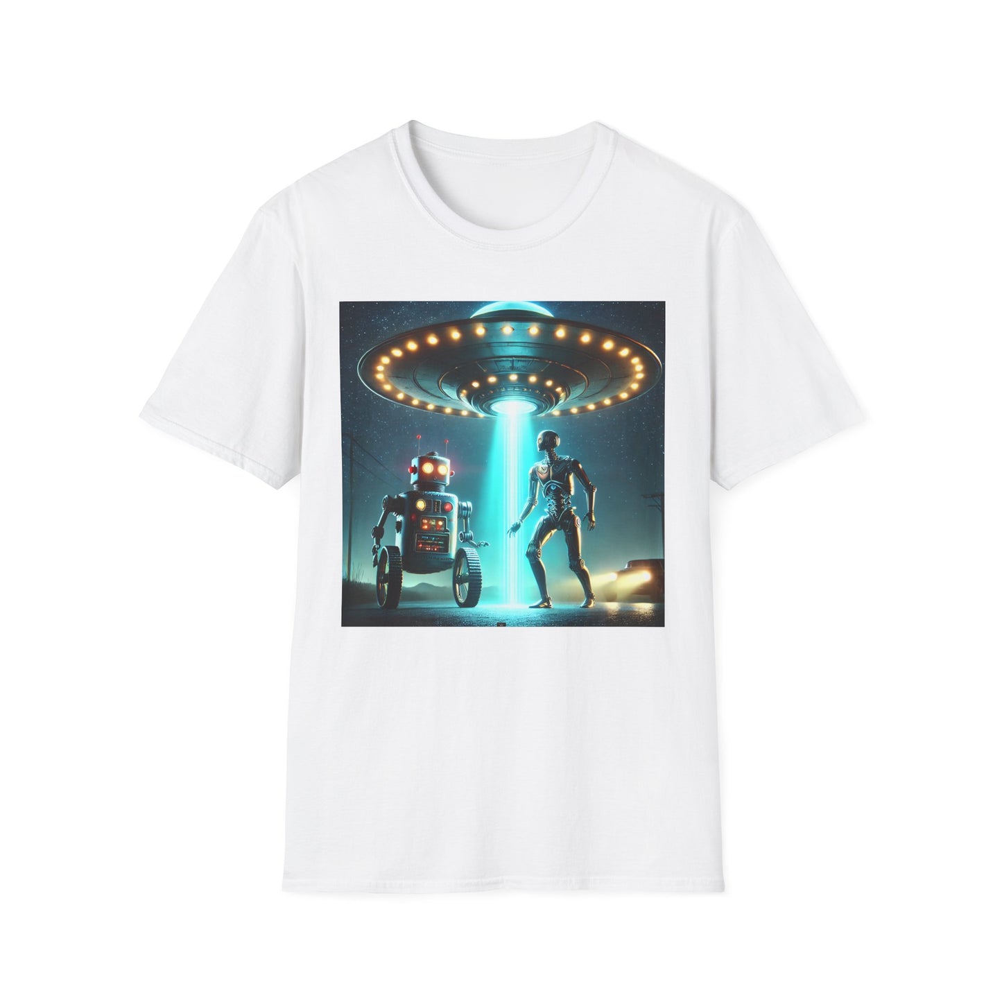 Alien Encounter Unisex Softstyle T-Shirt | Sci-Fi Fan Gift, Superhero Tee, UFO Shirt, Casual Wear, Unique Graphic T-Shirt