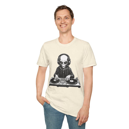 DJ Alien Graphic T-Shirt | Unisex Softstyle Tee for Music Lovers, Gifts for DJs, Cool Casual Wear, Festival Apparel, Unique Alien Design