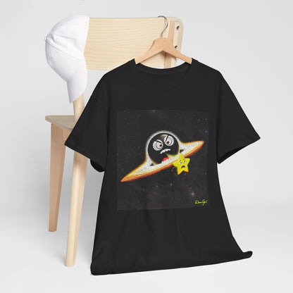 BlackHole Chasing Star, Space-Themed Unisex Heavy Cotton Tee with Cartoon Penguin Design, graphic design, png