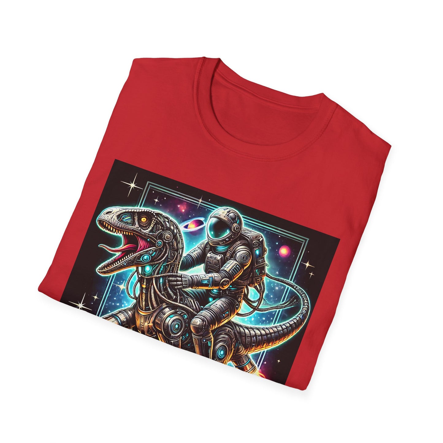 Cosmic Dinosaur Rider Softstyle T-Shirt | Fun Graphic Tee, Unique Gift, Space Lover Shirt, Sci-Fi Enthusiast Apparel