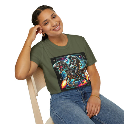 Cosmic Dinosaur Rider Softstyle T-Shirt | Fun Graphic Tee, Unique Gift, Space Lover Shirt, Sci-Fi Enthusiast Apparel
