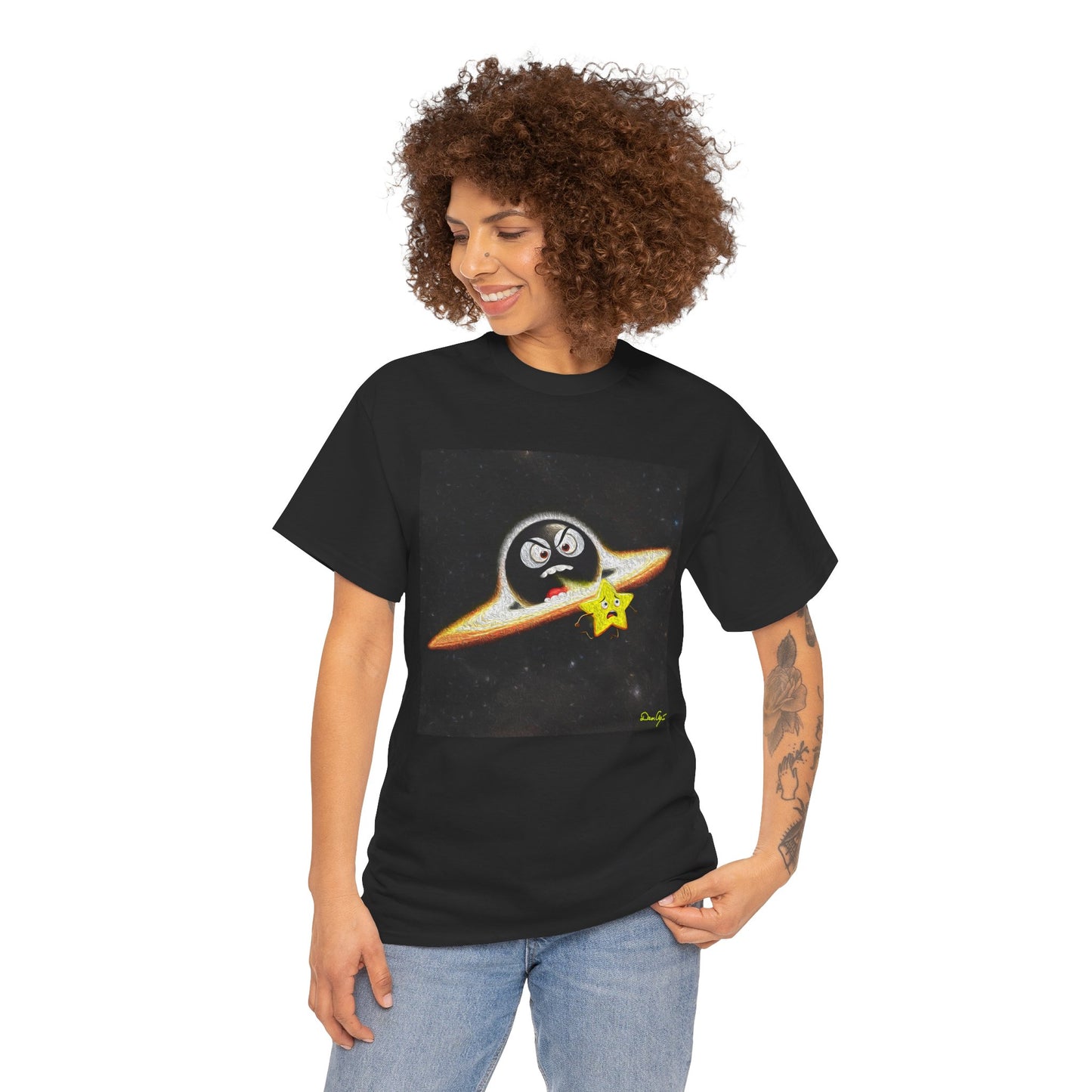 BlackHole Chasing Star, Space-Themed Unisex Heavy Cotton Tee with Cartoon Penguin Design, graphic design, png