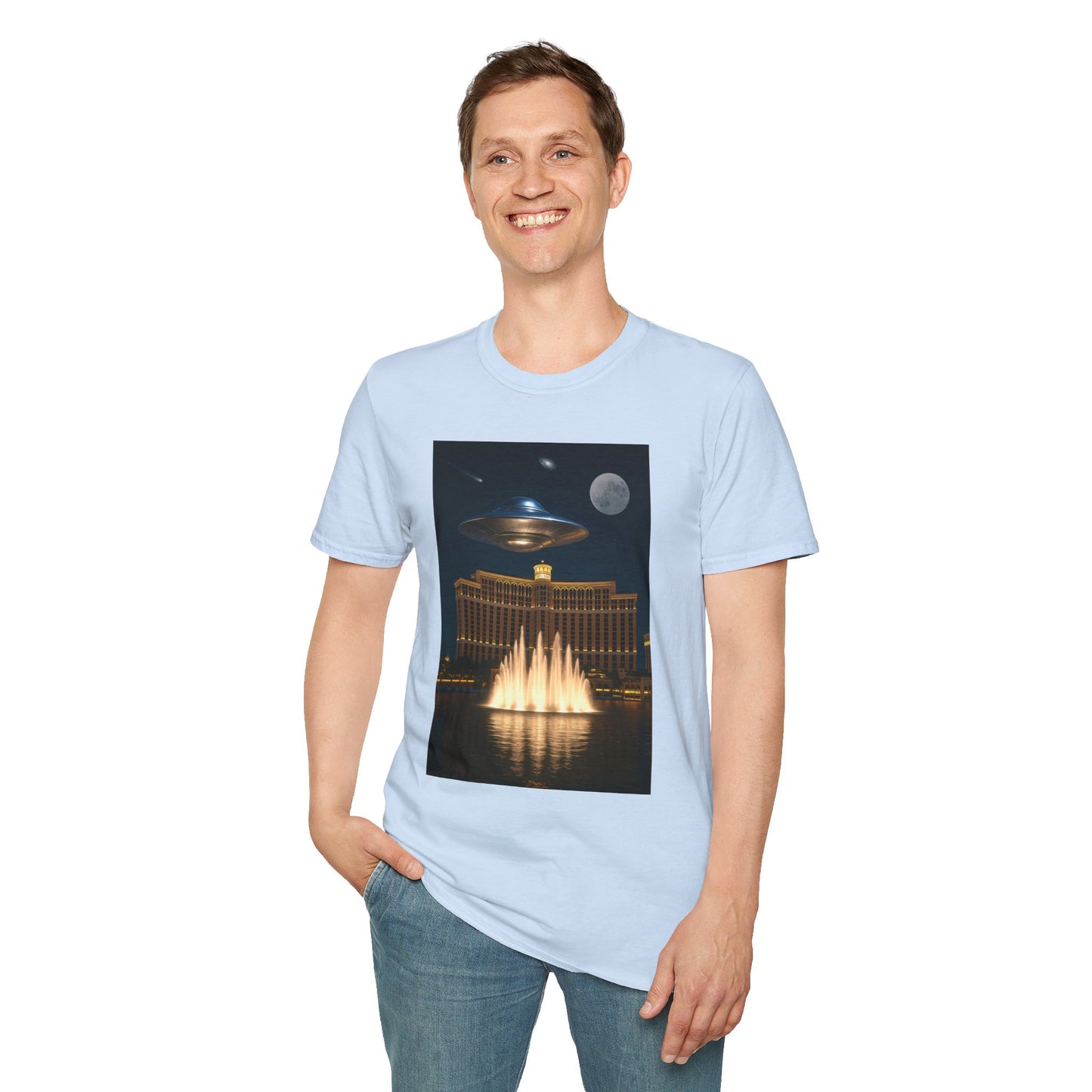 UFO over Las Vegas, Cosmic Vibes Unisex T-Shirt - UFO & Moon Design, Relaxed Fit Tee for Space Lovers, Gift for Sci-Fi Fans, Casual Wear, Everyday Essentials, t-shirt, tshirt, png