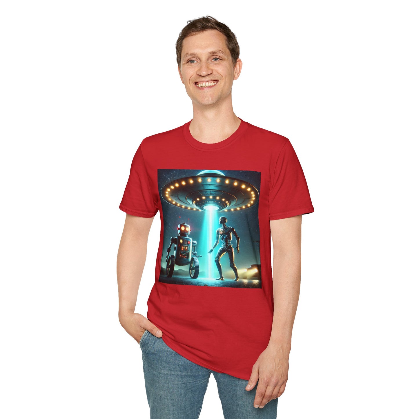 Alien Encounter Unisex Softstyle T-Shirt | Sci-Fi Fan Gift, Superhero Tee, UFO Shirt, Casual Wear, Unique Graphic T-Shirt