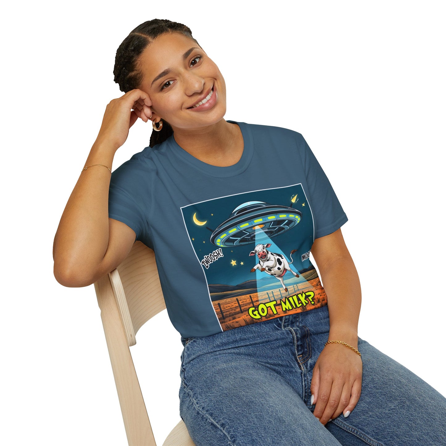 Got Milk? Cow UFO Unisex Softstyle T-Shirt – Fun Graphic Tee for Dairy Lovers, graphic tees, t-shirt, tshirt, graphic design, png