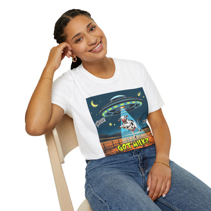 Got Milk? Cow UFO Unisex Softstyle T-Shirt – Fun Graphic Tee for Dairy Lovers, graphic tees, t-shirt, tshirt, graphic design, png