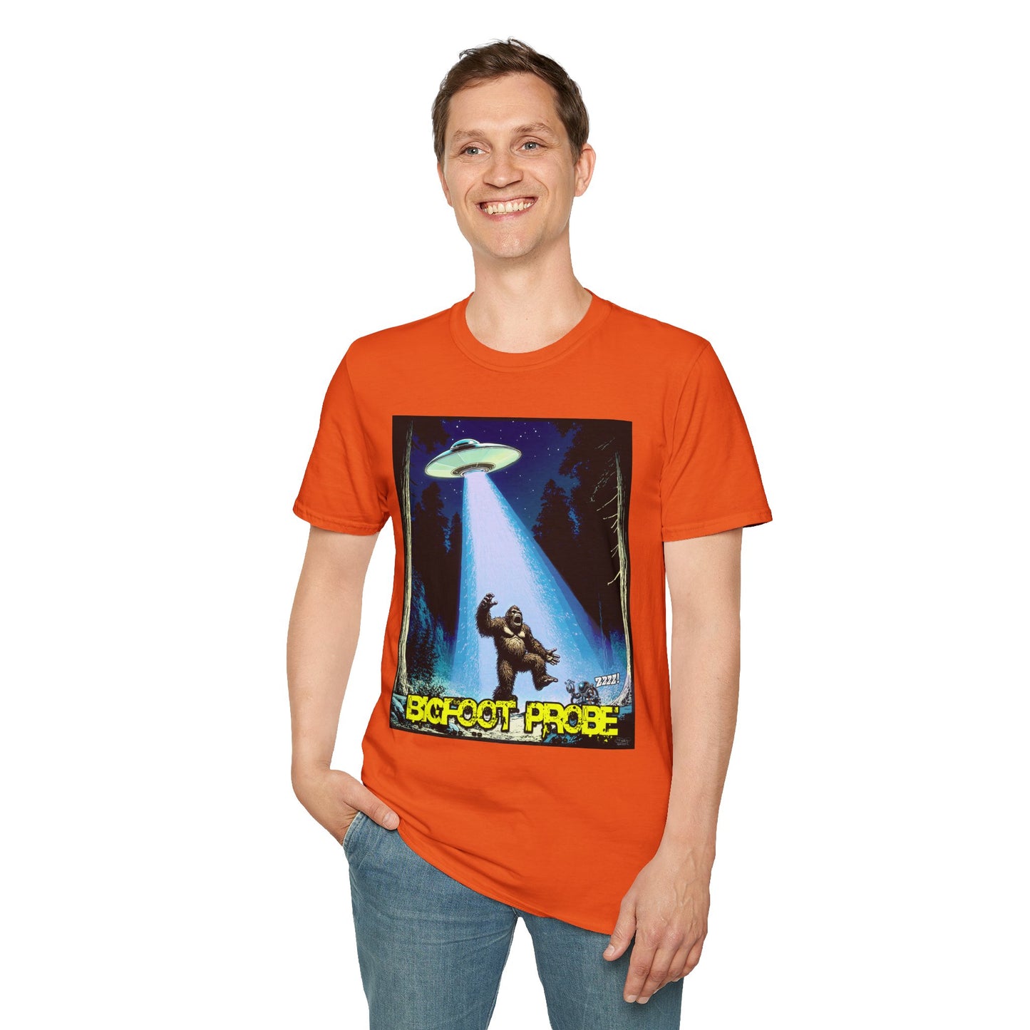 Bigfoot Probe Unisex Softstyle T-Shirt - Fun UFO Graphic Tee, Perfect Gift, Halloween, Nerd Culture, Outdoors, Alien, Graphic tees, t-shirts, Graphic design, t-shirts, tees