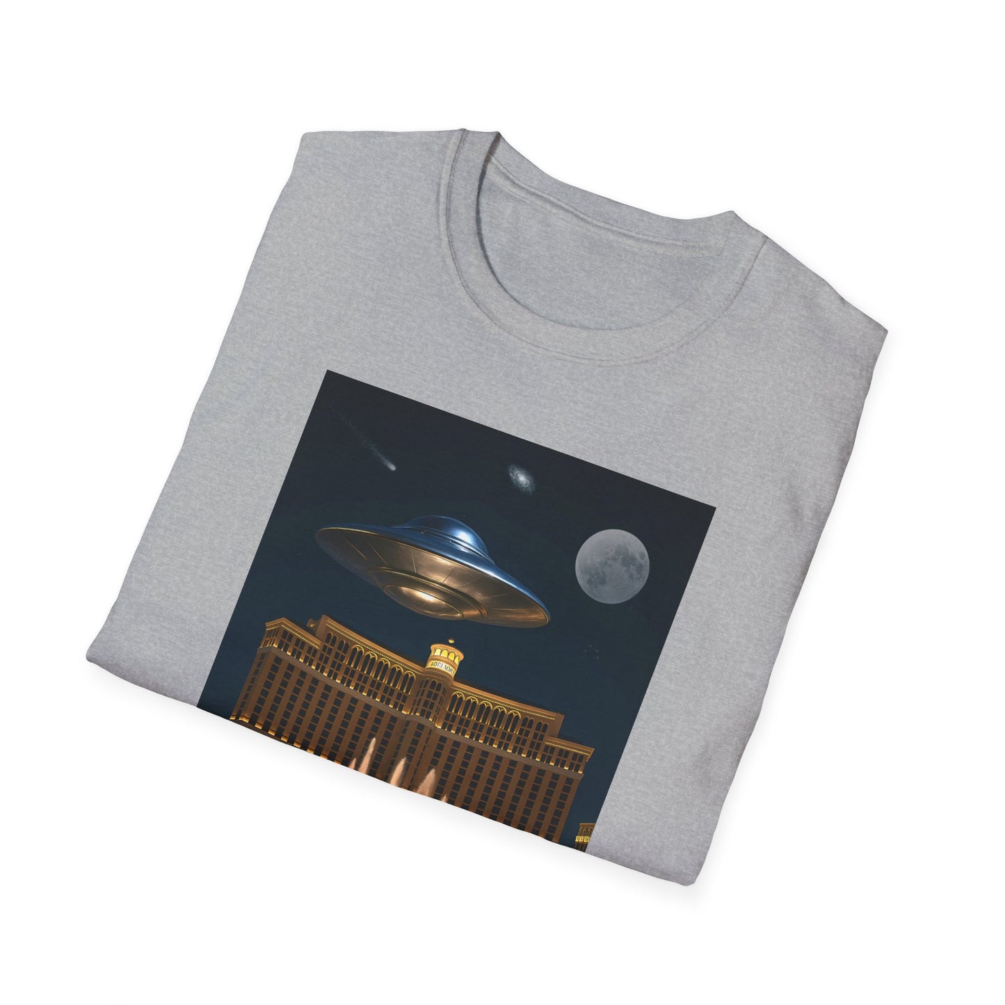 UFO over Las Vegas, Cosmic Vibes Unisex T-Shirt - UFO & Moon Design, Relaxed Fit Tee for Space Lovers, Gift for Sci-Fi Fans, Casual Wear, Everyday Essentials, t-shirt, tshirt, png
